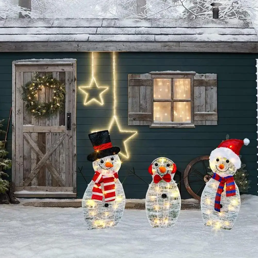 Decorazione da giardino natalizia con pupazzo di neve illuminato da 3 pezzi con luce a LED, pupazzo di neve incandescente, decorazioni natalizie per la casa all'aperto