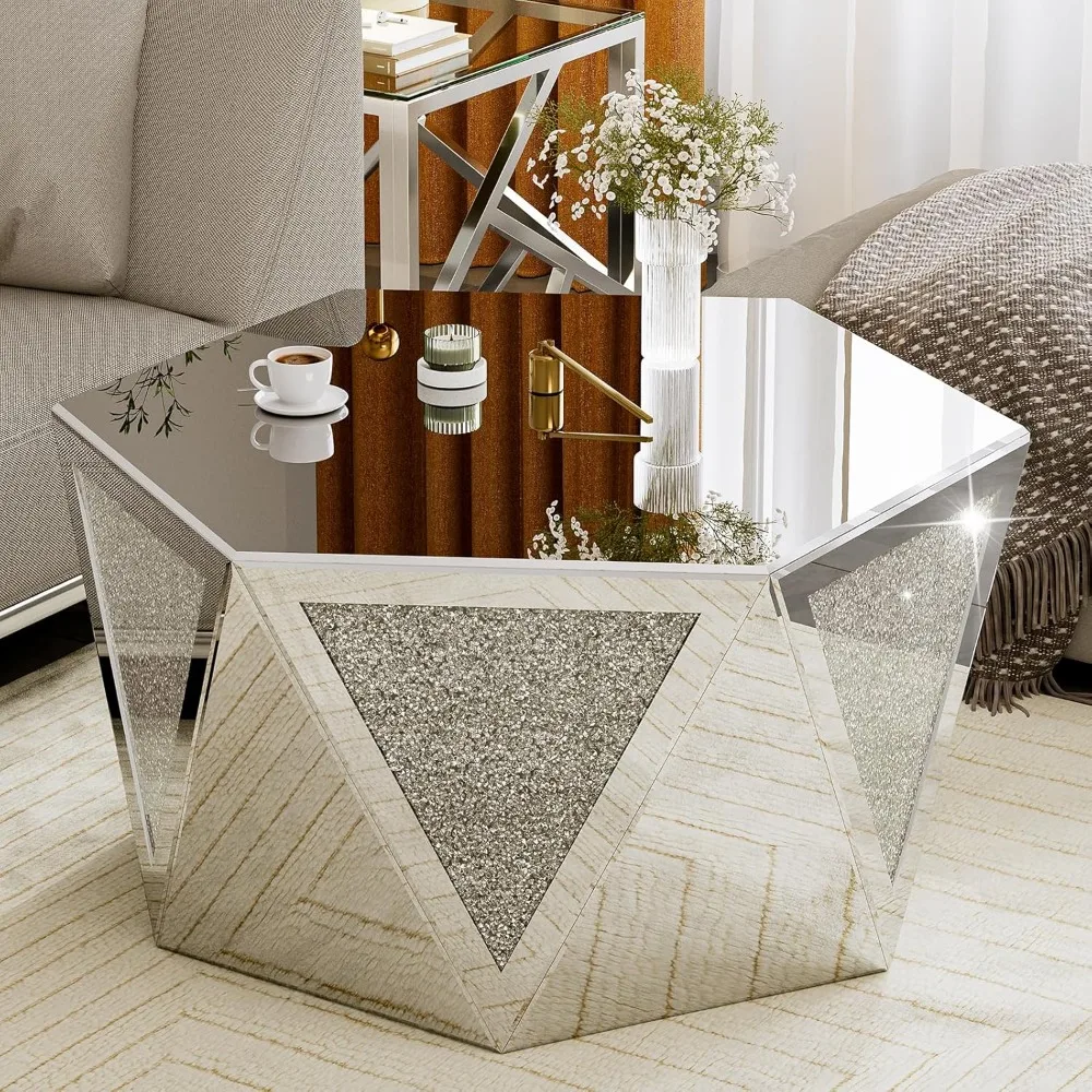 

Mirrored Coffee Table with Crushed Diamond, Luxury Hexagon Silver Coffee Table, Living Room Table for Art Deco Office