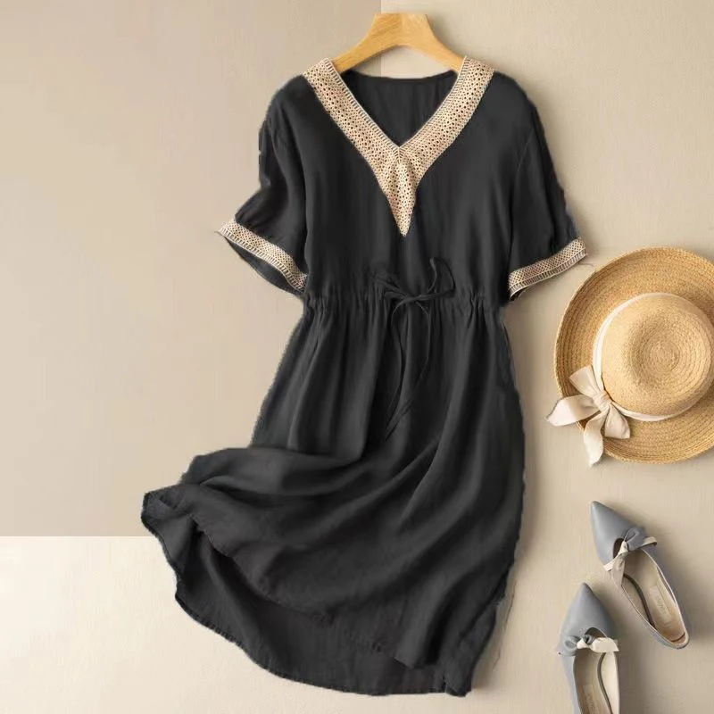 Fashion V-Neck Spliced Embroidery Shirring Bandage Midi Dress Women's Clothing 2025 Summer New Loose Korean Short Sleeve Dress