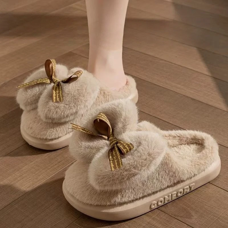 

Women's Cute Bowknot Plush Cotton Slippers Closed Toe Fleece Lined Warm Indoor Home 2025 New Autumn Winter Footwear