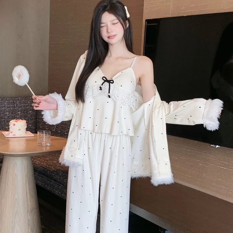 

Sexy Velvet 3Pcs Pajamas Set Patchwork Lace Lingerie Cami Trouser Pijamas Suit Autumn Winter New Velour Sleepwear Casual Pyjama