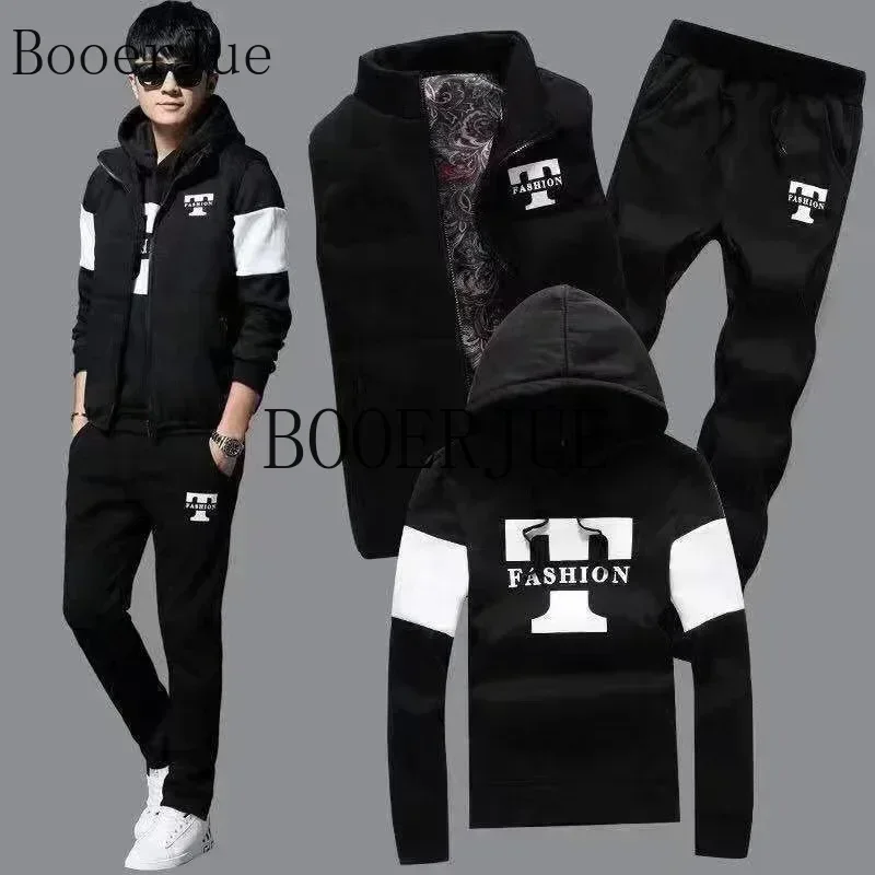 Mens Set Vest 3 Pieces Set Hoodies+Vest+Pants Casual Track Suit Clothing Coats Winter Thick Warm Tracksuit for Couple Printed - view 3