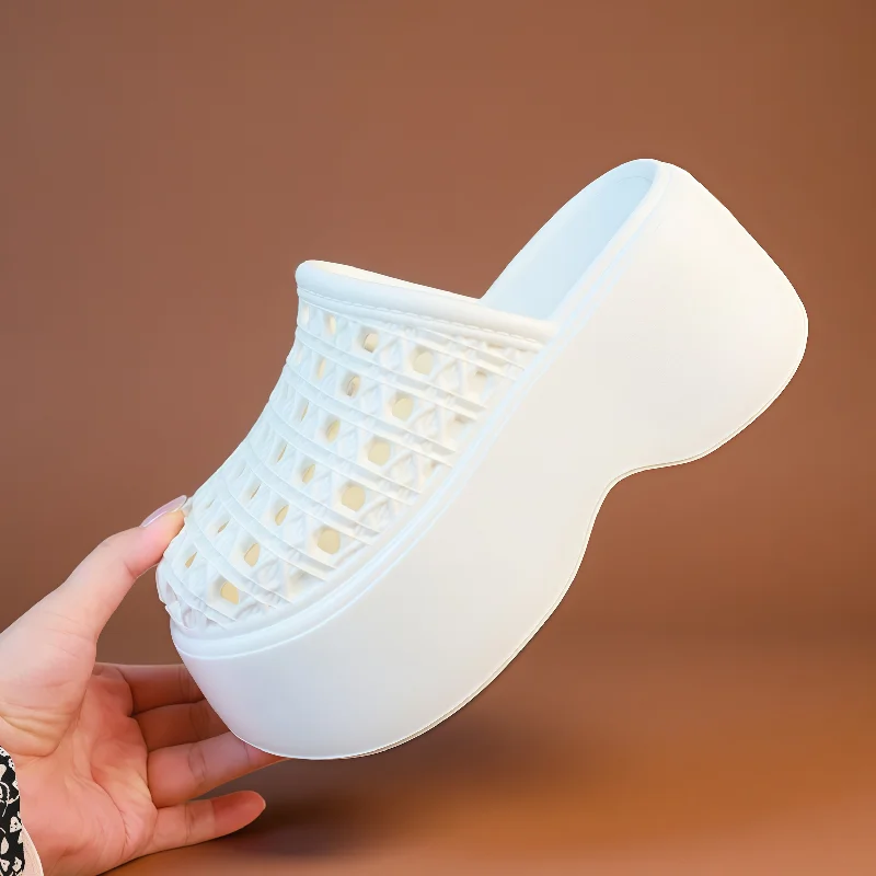 Image 5: Mules compensées épaisses à plateforme de 7 cm pour femme, perforées et respirantes, rehaussant la silhouette, parfaites pour l'été