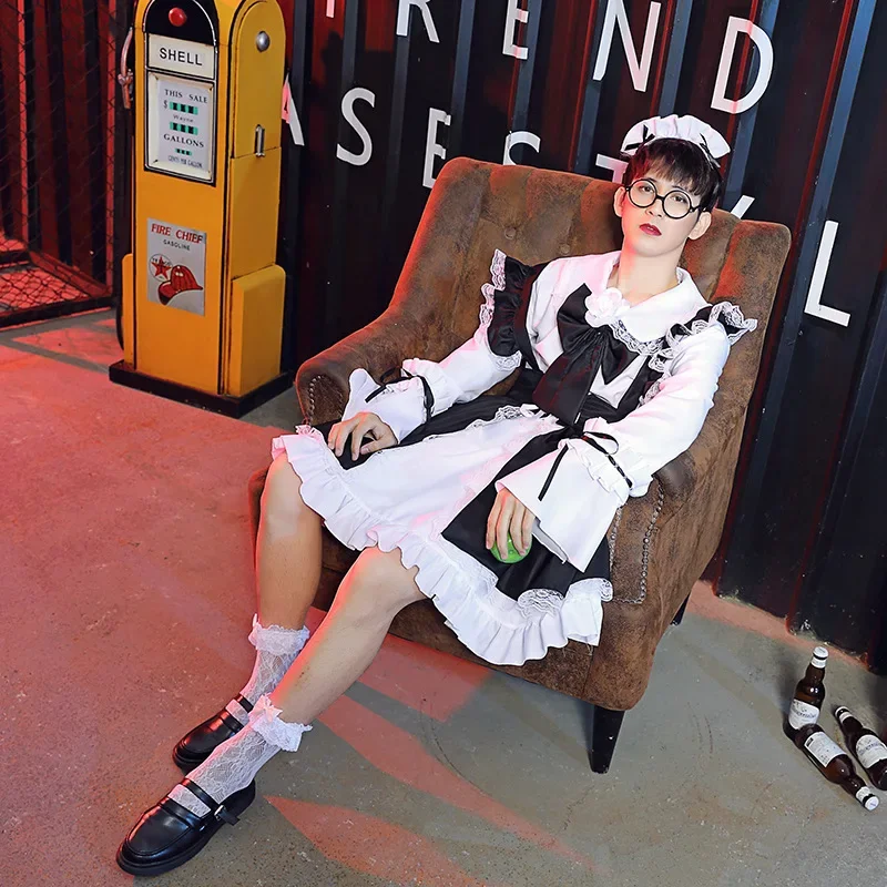 

Maid Cosplay Costume Lolita Lace Dress Clothing Black Gothic Carnival Outfit For Men Women