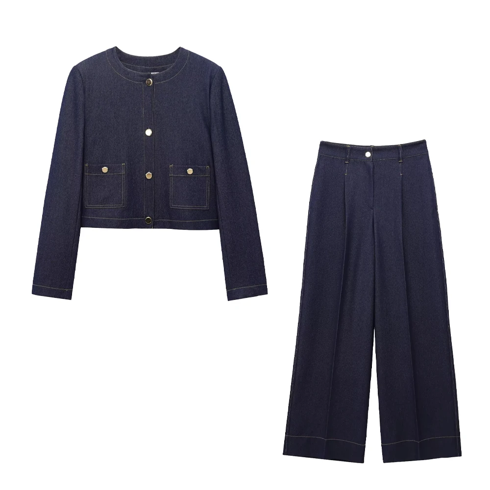 

Женская куртка с круглым вырезом и длинными рукавами контрастной строчкой, широкие брюки с высокой талией, новый весенний повседневный костюм