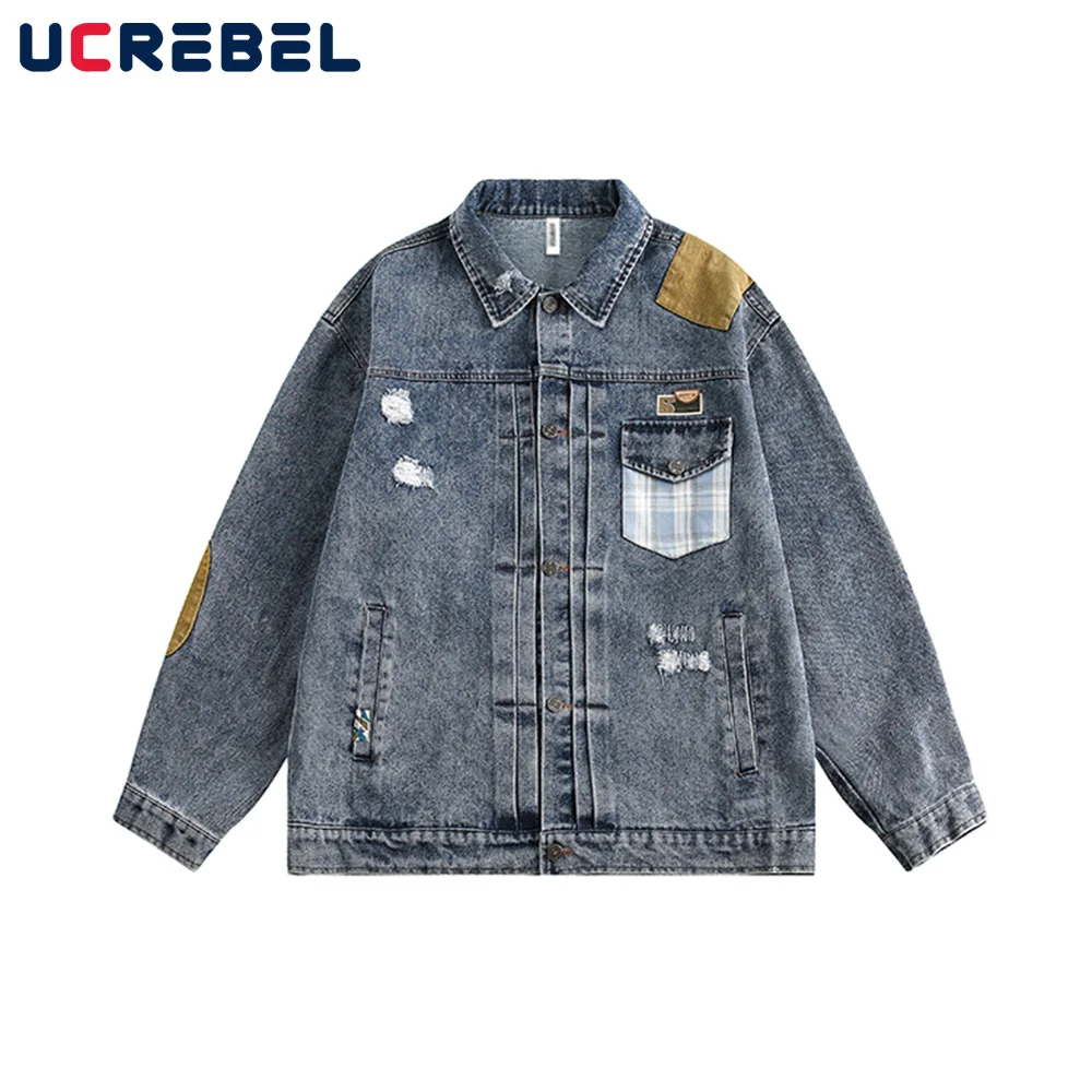 

Patchwork Ripped Denim Jacket Mens High Street Washed Distressed Loose Lapel Single Breasted Long Sleeve Outerwear Men