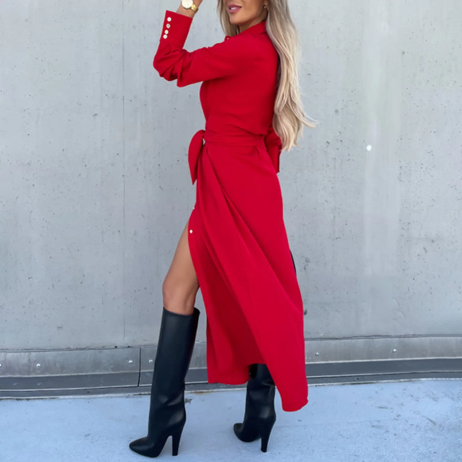 Herbst Winter Mode frauen Neue Einfarbig Lange ärmeln Revers Taste Alle-spiel Lange Hemd Kleid Party büro 2024