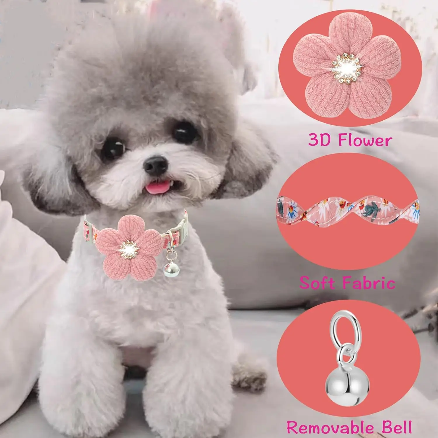 Small Dog Collar with Flower, Puppy Collar for Girl Dog Collars for Small Dogs Cute Dog Collar with Bell, Adjustable Length