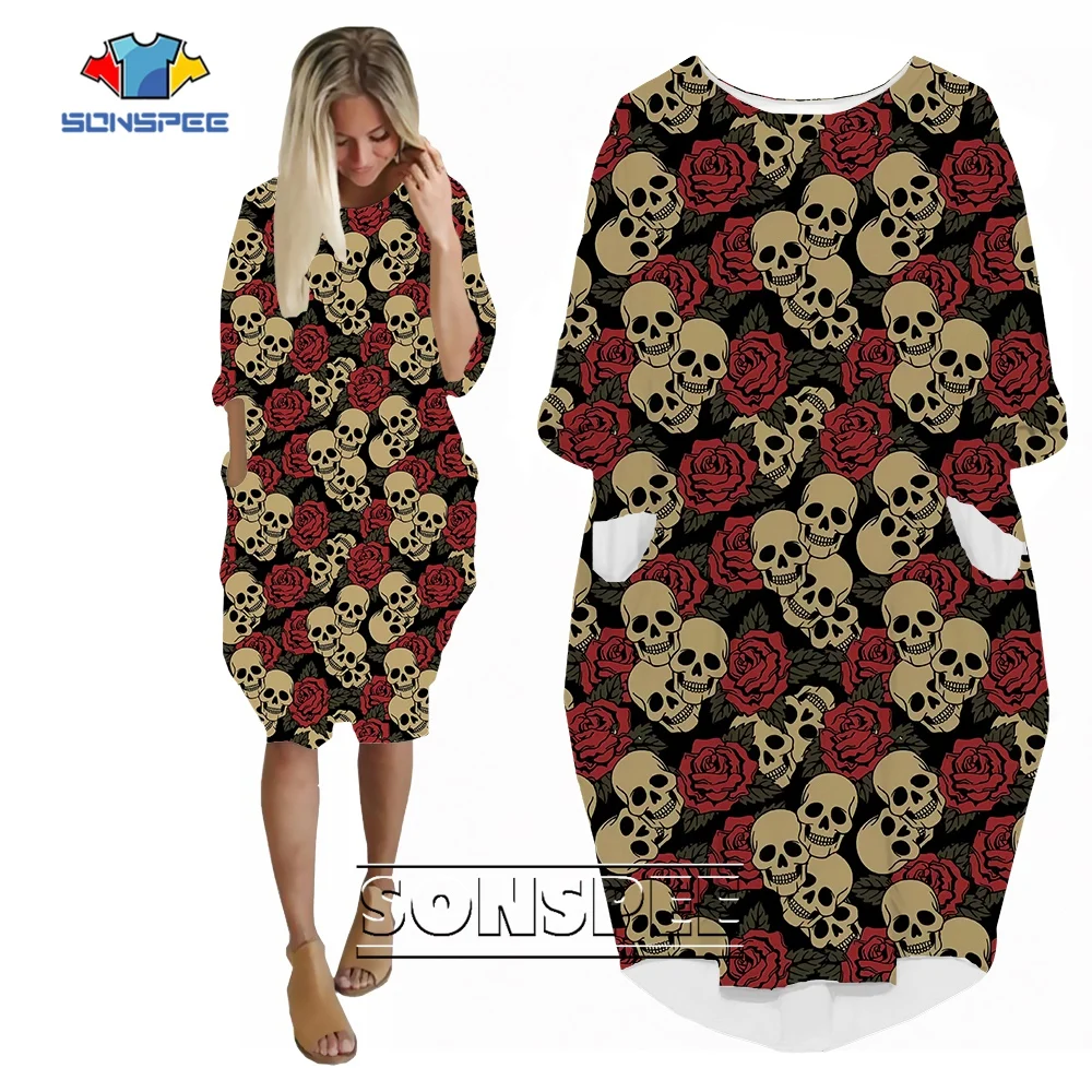 

SONSPEE Latest Horror Style Rose Skull Graphic Women's Dress 3D Print Evil Skull Pocket Skirt Lady Casual Loose All-match Gown