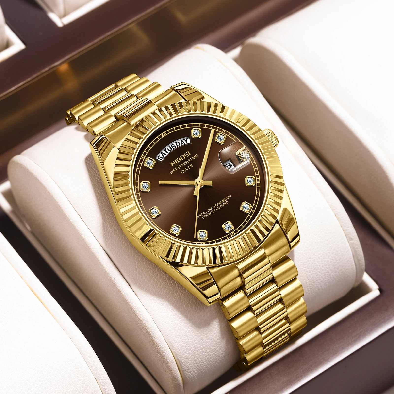 NIBOSI Fashion Brand Luxury Watches For Men Stainless Steel Waterproof Luminous Band Diamond  Watch Casual Sports Date Watch Men