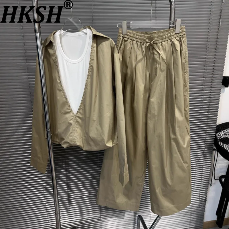 

HKSH Shirt For Women Autumn New Turn-down Collar Long Sleeve Spliced Contrast Color Elegant Tops Drawstring Casual Pants HK10837