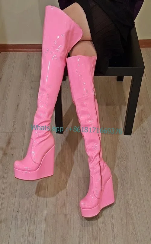 Platform Wedges Pink Thigh High Boots Women Zip Sexy Patent Leather High Heel Boots Lady Nightclub Shoes Cute 2022 Girl