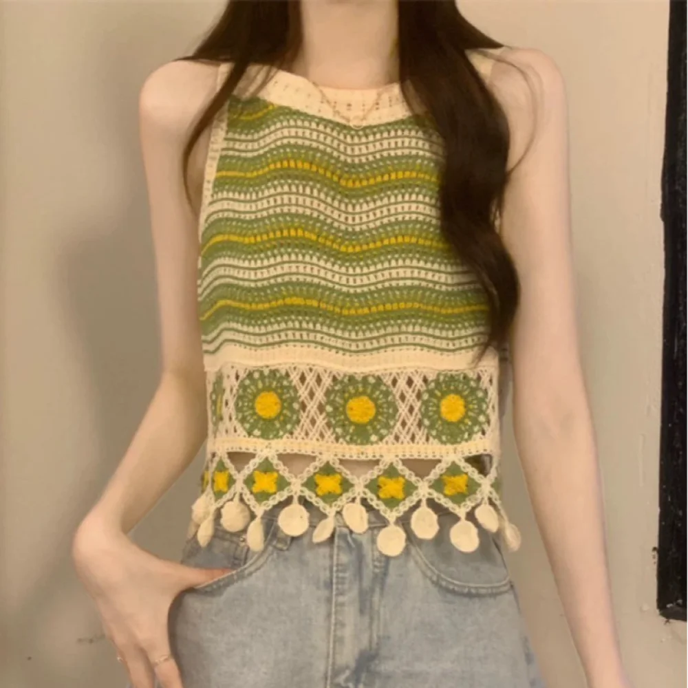 أعلى خزان قطني مخطط ، سترة صغيرة مجوفة كلاسيكية ، شرابة على الطراز الوطني ، أكمام قصيرة ، الصيف #3