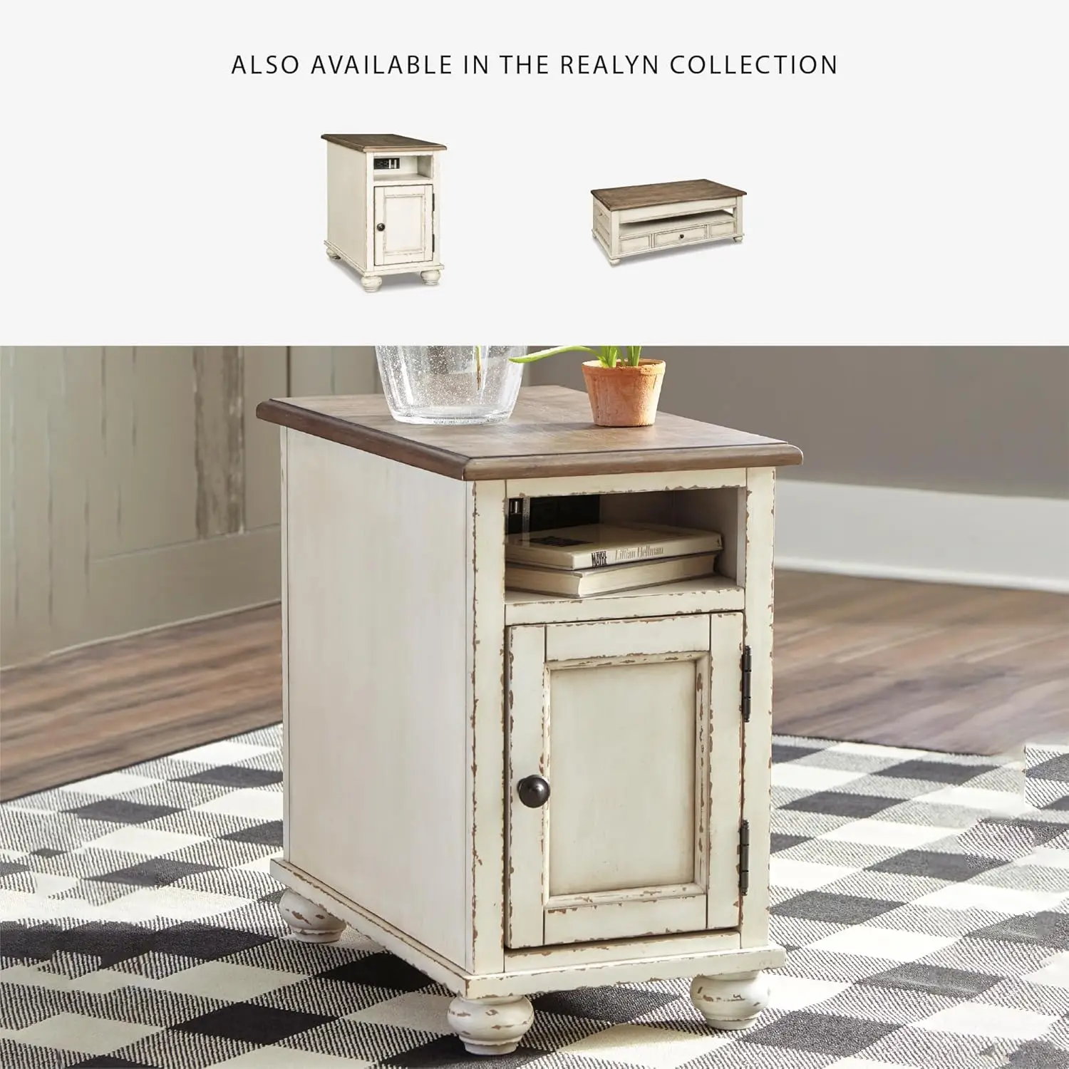 Mesa lateral Realyn French Country Chair com tomadas e portas USB, creme