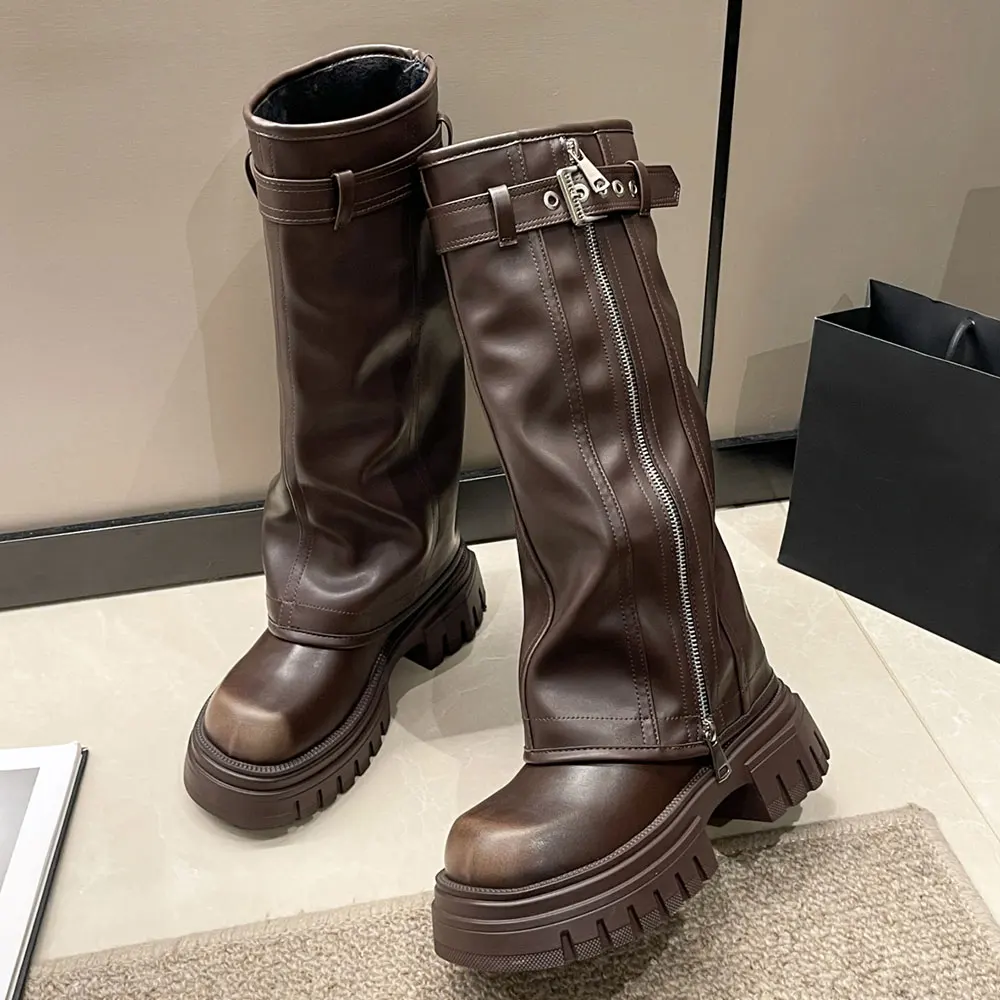 2025 Wasteland y2k Vintage Biker Boots Black Platform Boots Knee