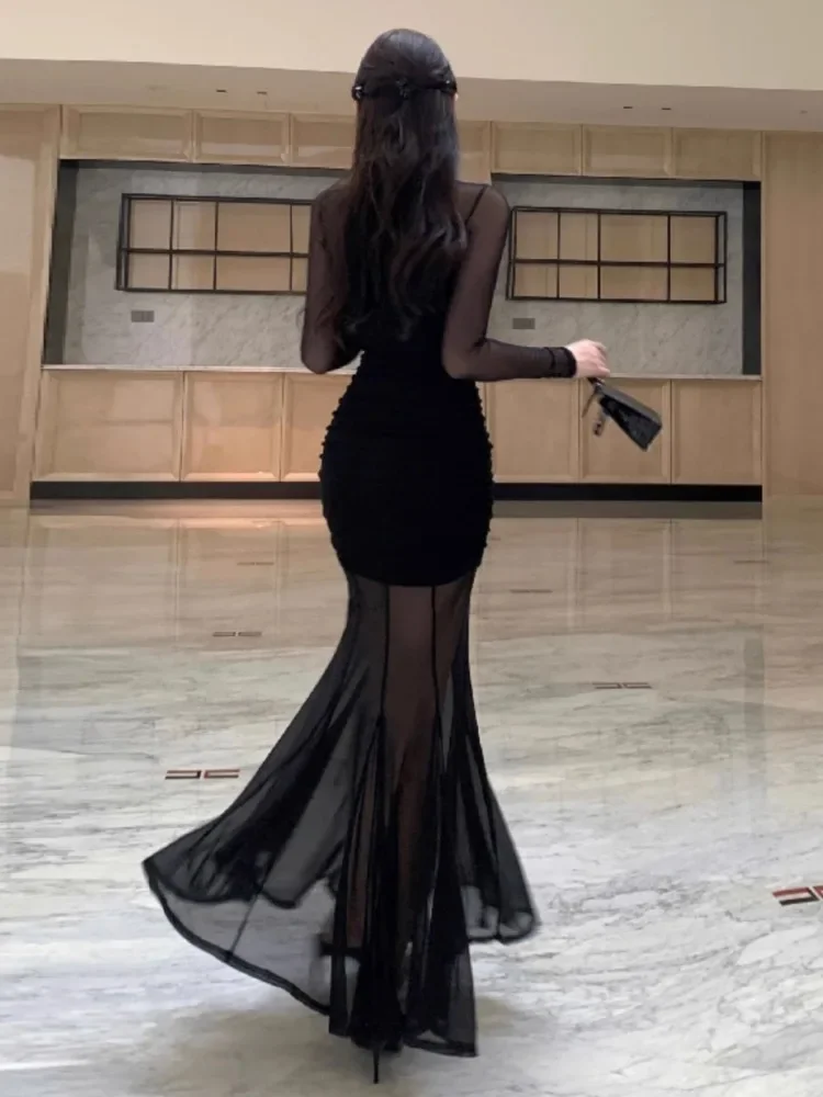 Topenomi Luxury Banquet Evening Dresses Women French Patchwork Mesh Waist Slim Mermaid Long Party Night Robe Sexy Cocktail Gown