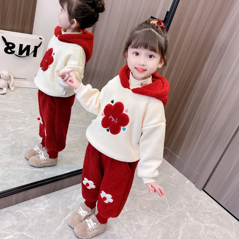 Baby Girls Autumn Winter Clothing Sets Children Warm Thickened Hooded Sweater Pants 2 Pcs Kids Casual Clothes Outfits Tracksuits