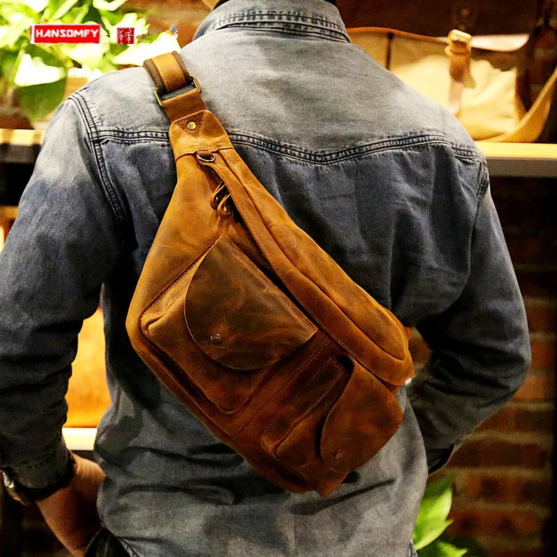

Men 'S Chest Bag Leather Pocket Retro First Layer Cowhide Messenger Bag Crazy Horse Leather Chest Bag Men Genuine Leather Retro