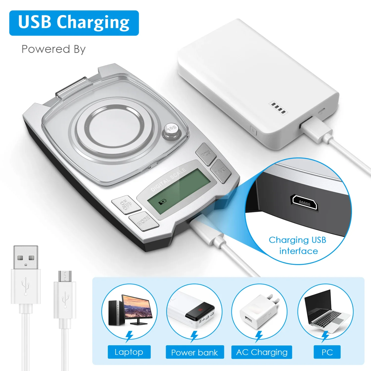 0.001g Precision Electronic Scales USB Charging Digital Jewelry Scale - Portable Lab Weight Milligram Scale - 100g/50g