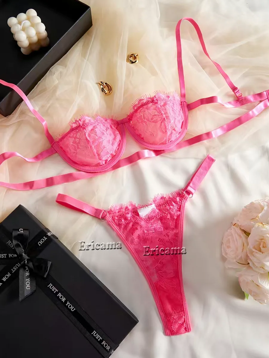 Sexy Lingerie Woman Lace Transparent Underwear Fairy Embroidery Brief Set Delicate Bra Kit Push Up Breves Sets Thin Erotic Bras