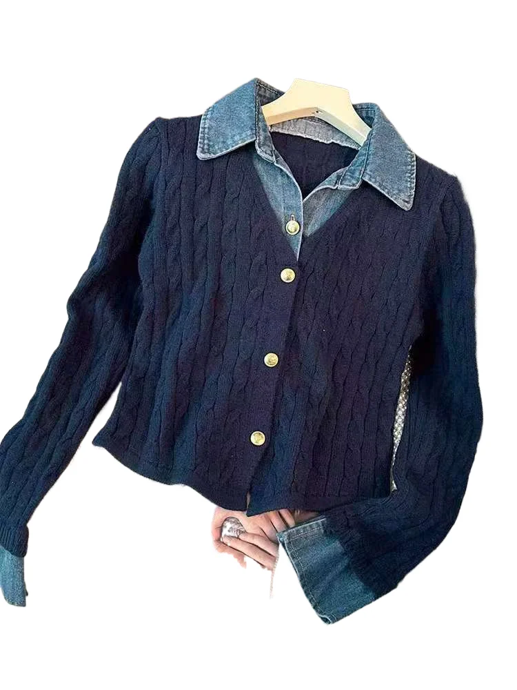 

Turndown Collar Denim patchwork Knitted Sweater French Two-piece Long Sleeved Coat Autumn College Style Versatile Short Top