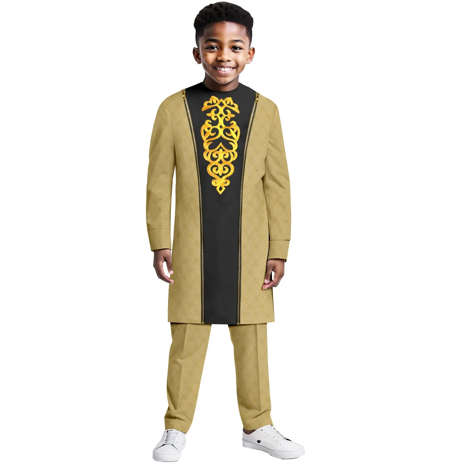 White Kaftan Boy Suit Embroidery Floral Top Pants Kaunda Suit African Casual Outfits Wear Traditional 2PCS Set Wedding Tuxedo