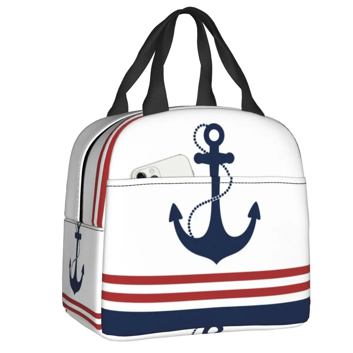 Custom Nautical Navy Blue Anchor With Stripes Thermal Insulated Lunch Bag Women Sailing Sailor Portable Lunch Tote Food Box