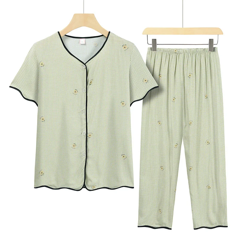 

Middle Aged Mother Two-piece Set Summer Pajamas Set Cardigan Pyjama Femme Loose Grandma Pijama Feminino Outside Wear Sleepwear