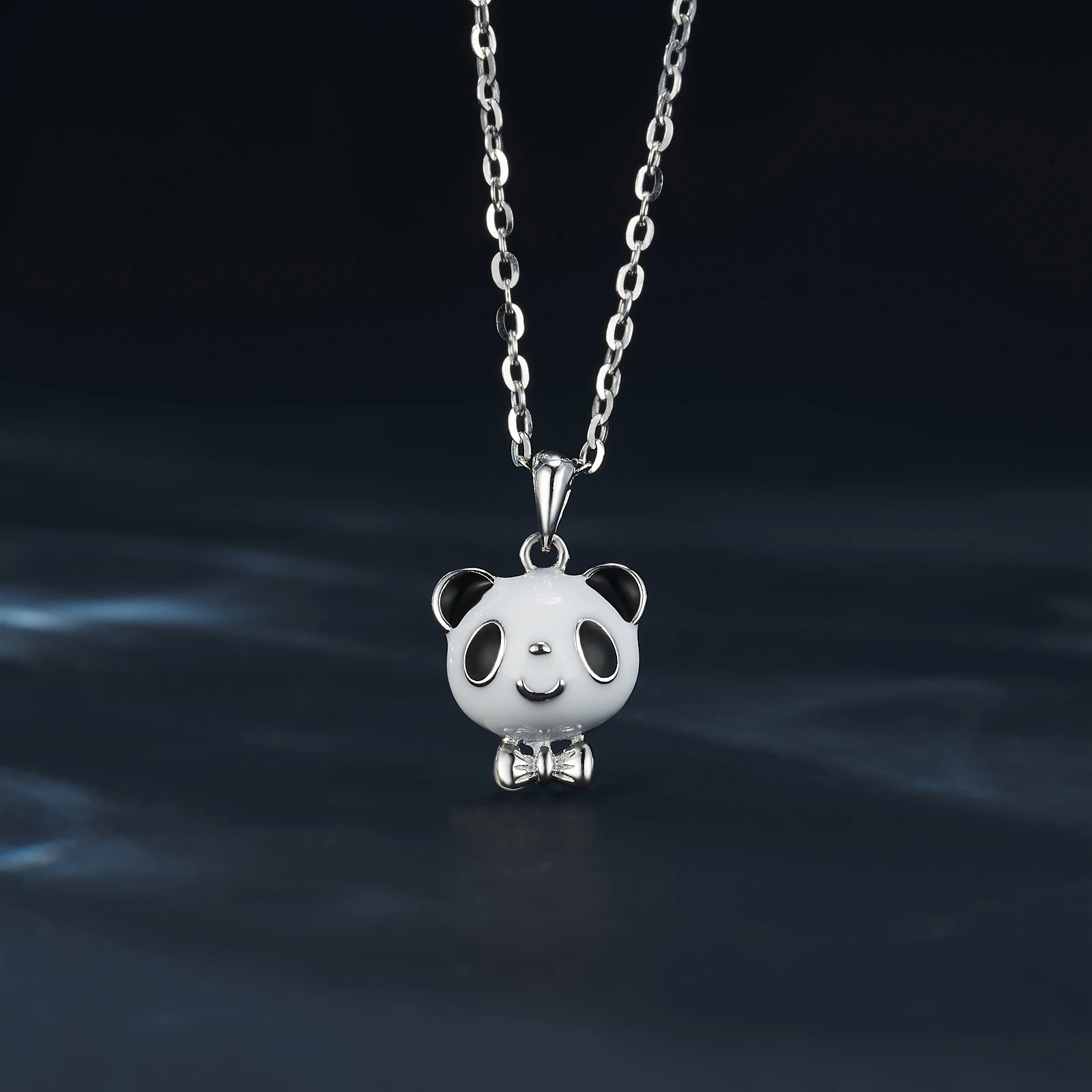 Potiy Cute Panda Black White Enamel Pendant Necklace With Chain For Her 14K White Yellow Gold 925 Sterling Silver