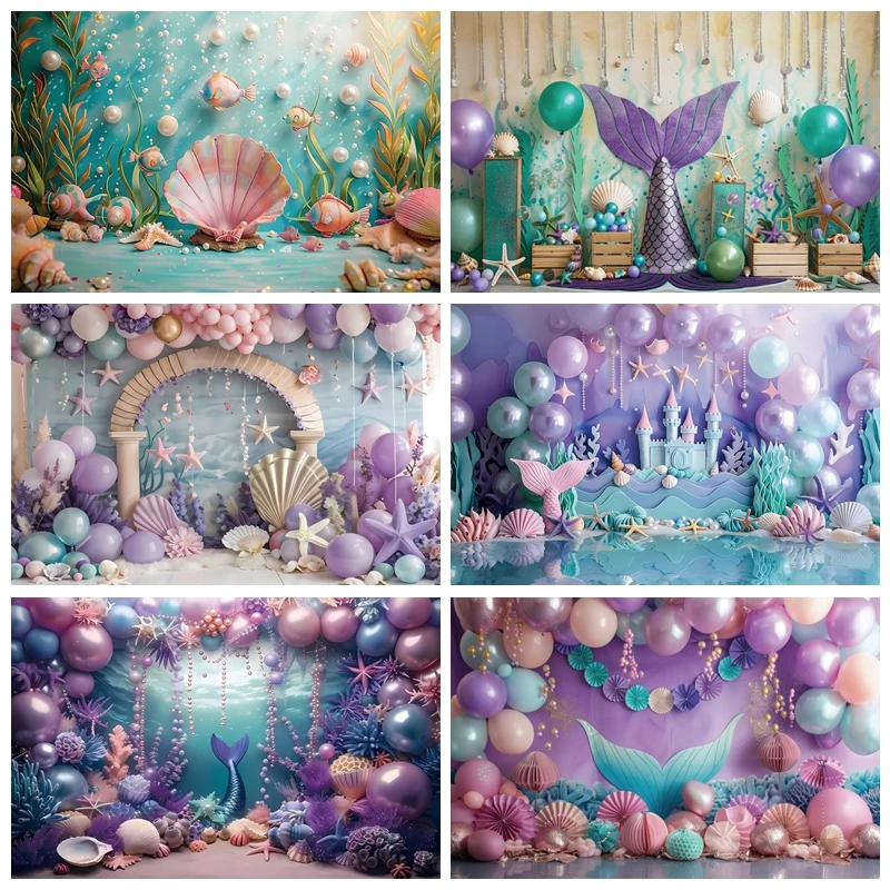 

Baby Birthday Party Photography Mermaid Theme Backdrops Room Decor Baby Photo Photographic Backgrounds for Studio Shoot Props