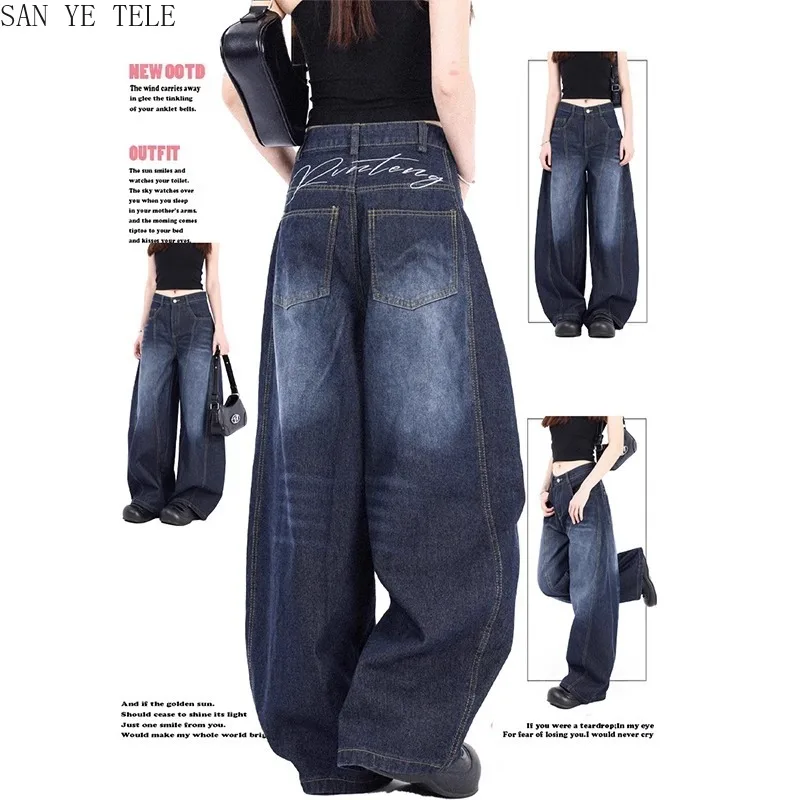 Washed Blue Curved Knife Shaped Jeans Women Baggy Wide Leg Autumn/Winter New Y2K Denim Trouser High Waist Casual Pants