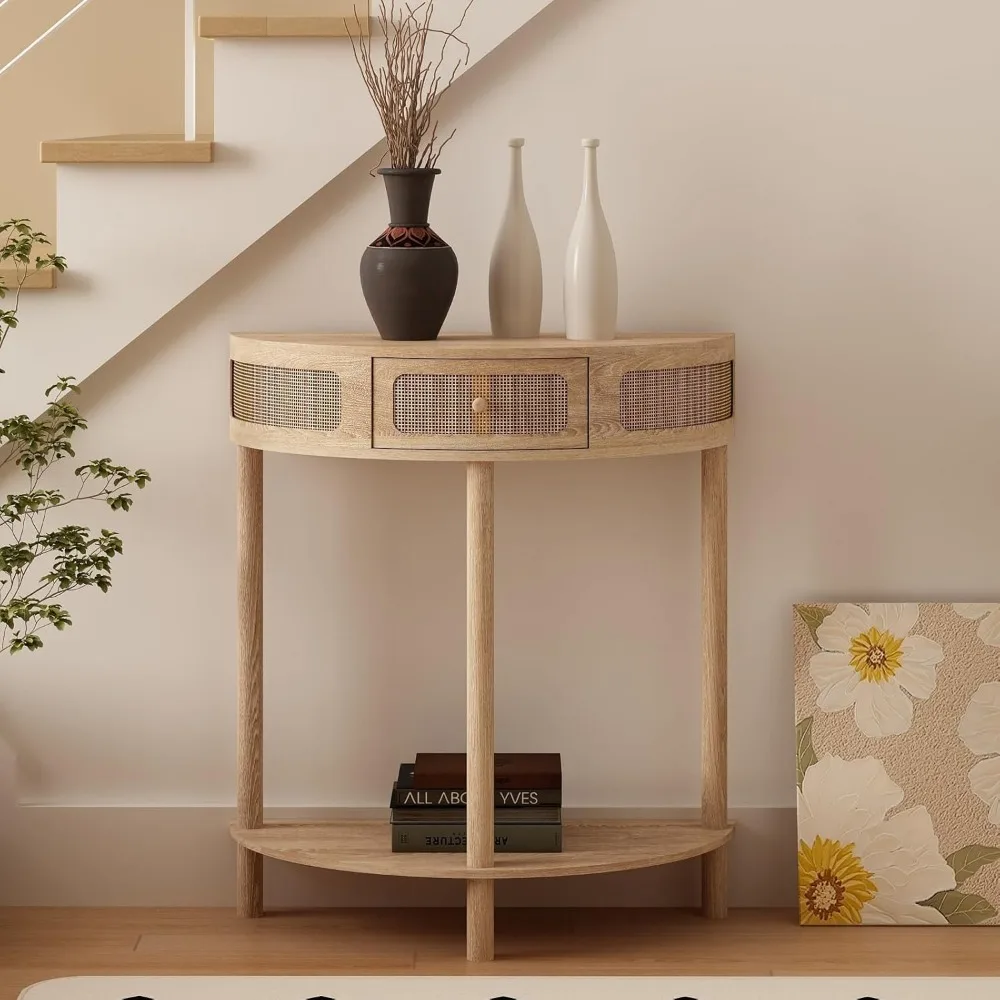 

Rattan Half Moon Console Table, Modern Entryway Table with Drawer, Boho Sofa Table with Bottom Storage Shelf, Small Sem