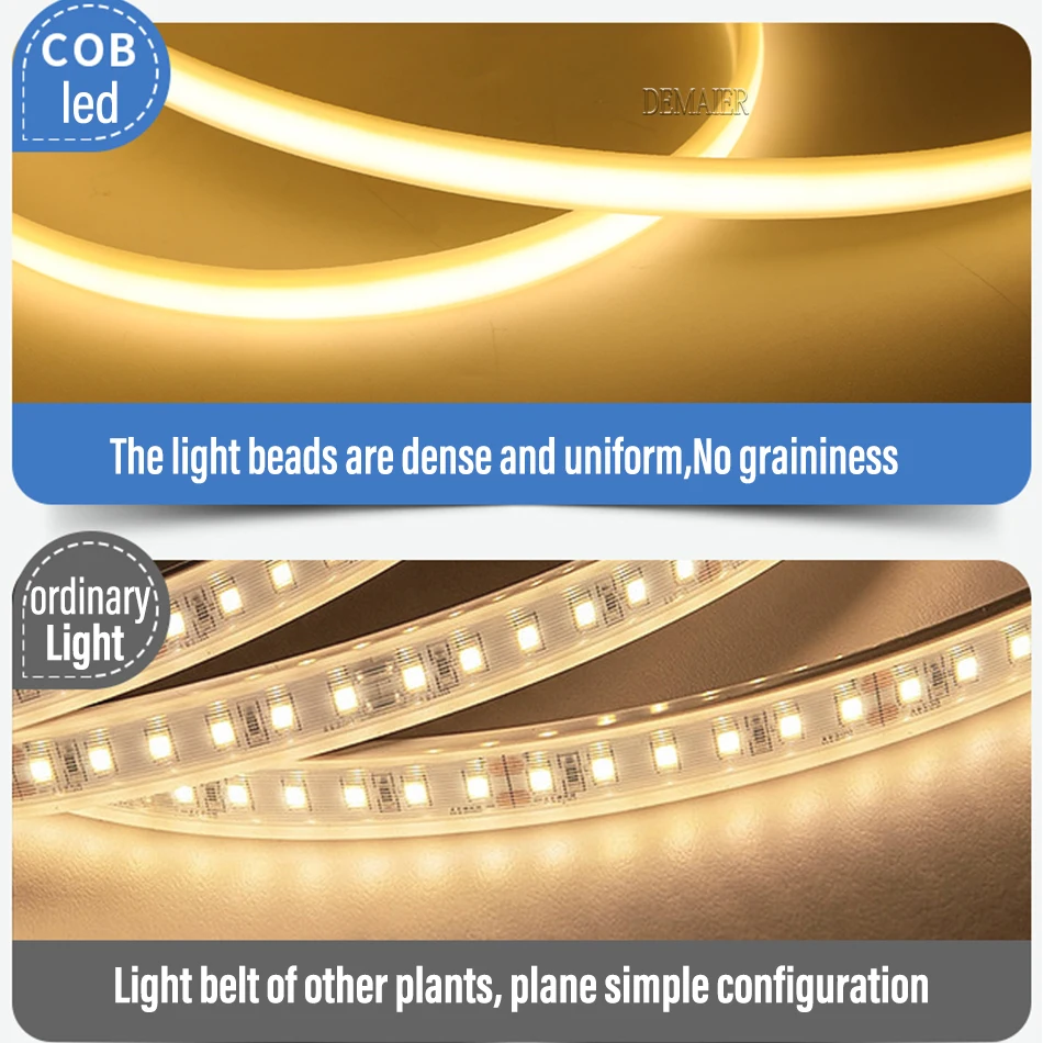 COB LED Strip 220V Dimming/Switch  EU Plug 360LEDs/m 3000k 4000k 6000k RA90 Outdoor Garden LED Tape Bedroom Kitchen Lighting