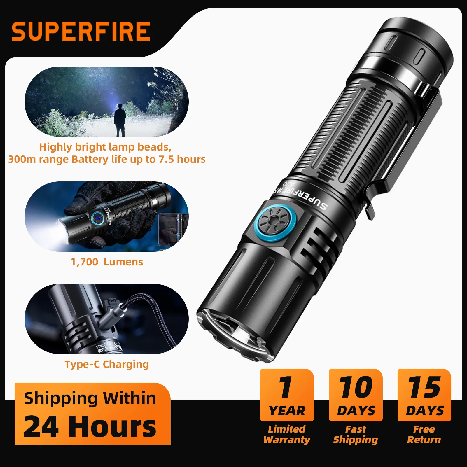 SUPERFIRE A20 High Power LED Flashlight 2000LM USB-C Rechargeable mini Function Tactical Torch Waterproof Camping Lantern