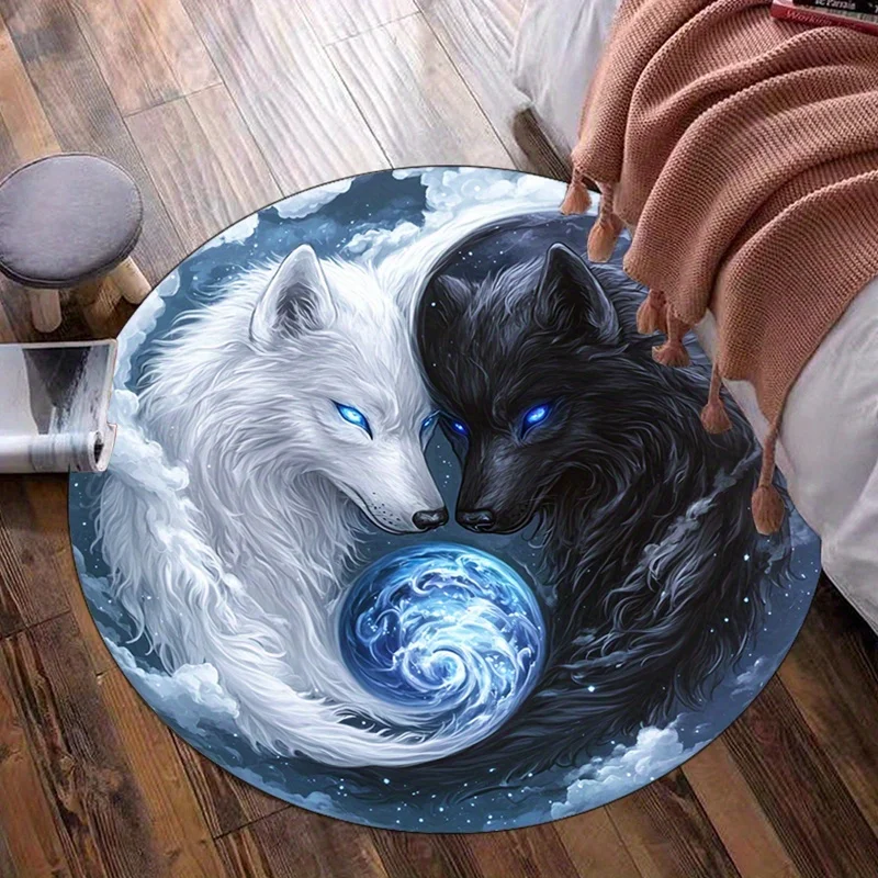 

Инь Ян Волки Круглый ковер Белый и черный волк Пара Луна Спиральный дизайн Духовный символический напольный коврик для домашнего декора