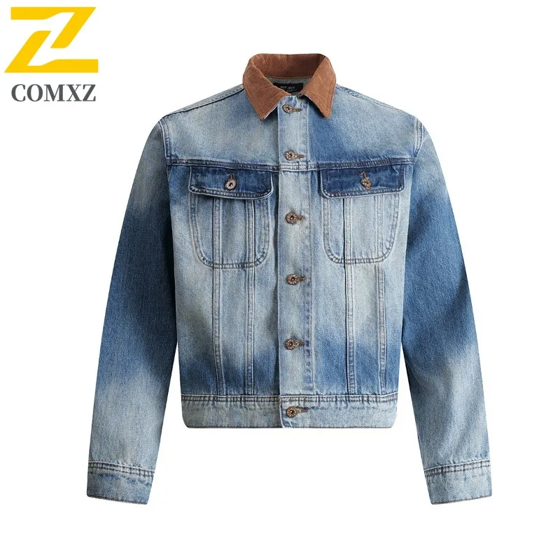 

COMXZ Men Denim Jackets Comfort Street Edgy High-End Hong Kong Style Daily Walk Trench Coat Weekend Stroll Minimalist Coat