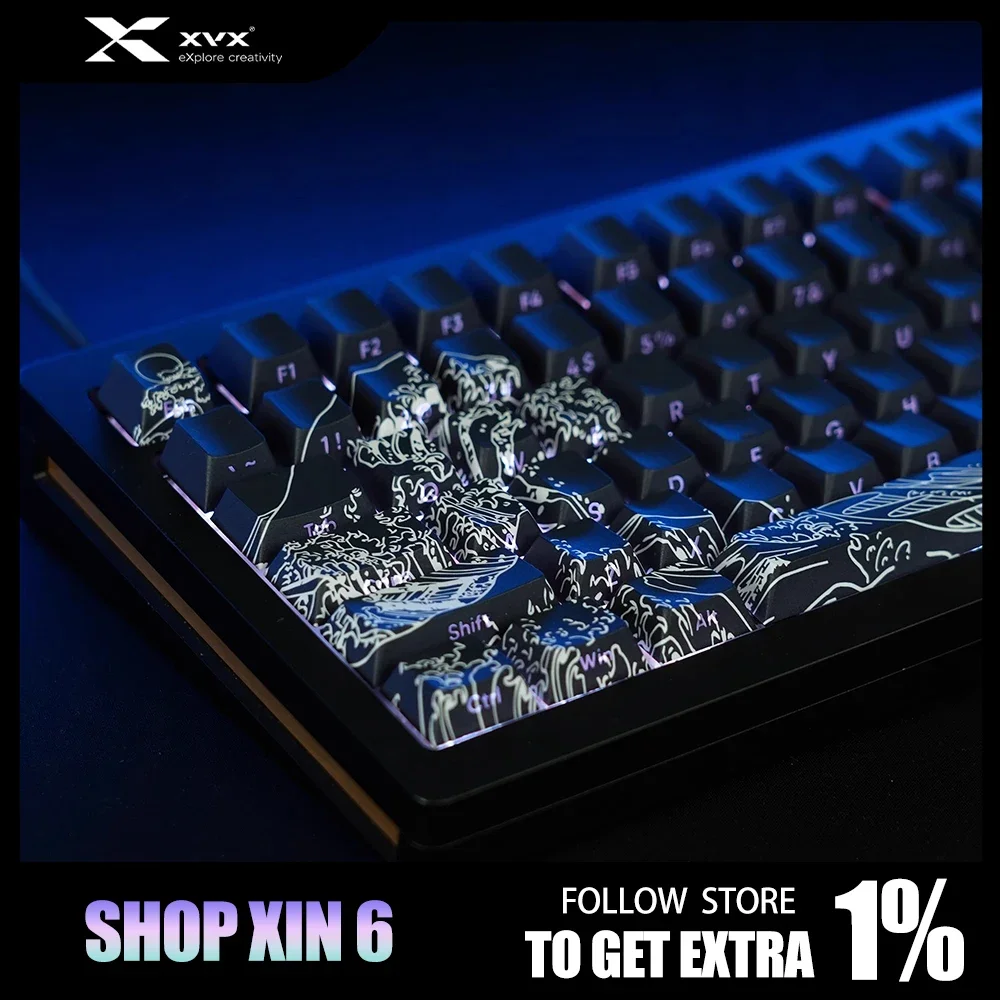 XVX Ukiyo-e Keycap 131 Keys Side-Printed Keycaps Suitable for 61/68/75/84/87/96/98/104/108 Mechanical Keyboard Gaming Caps Gifts