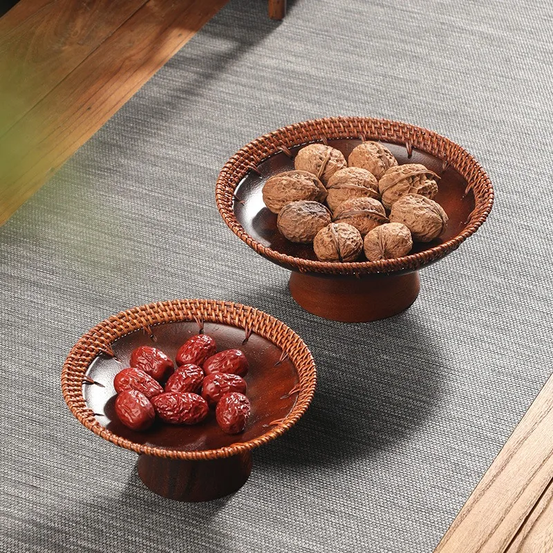 Chinese Handmade Rattan Tall Walnut Fruit Plate Dim Sum Melon Seed Pastry Dried Fruit Tea Plate