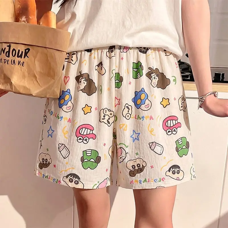 Cute Crayon Shin-Chan Pajamas Women's Summer Sleeper Pants Thin Loose High Waist Essential Cartoon Casual Shorts Loungewear