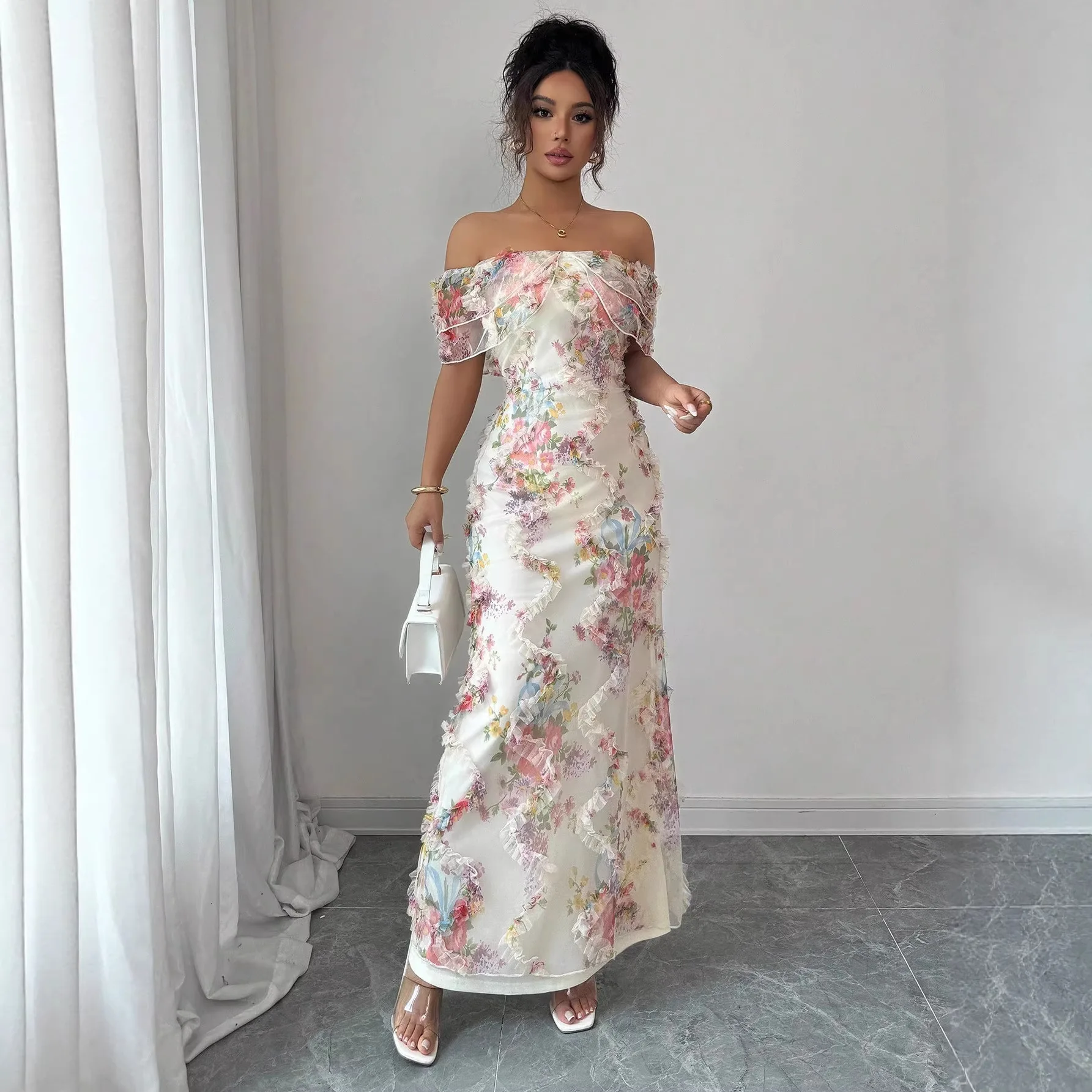 2026 European and American Women's New Season Elegant Romantic Mesh Floral Printed Pleated Midi Dress