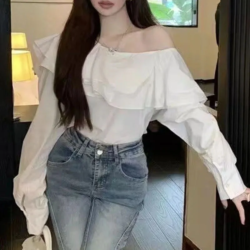 Long Sleeve Blouse Women 2024 New Fashion Loose Casual Ruffle White Lantern Sleeve Off Shoulder Ladies Tops Blouses Spodnie 8395