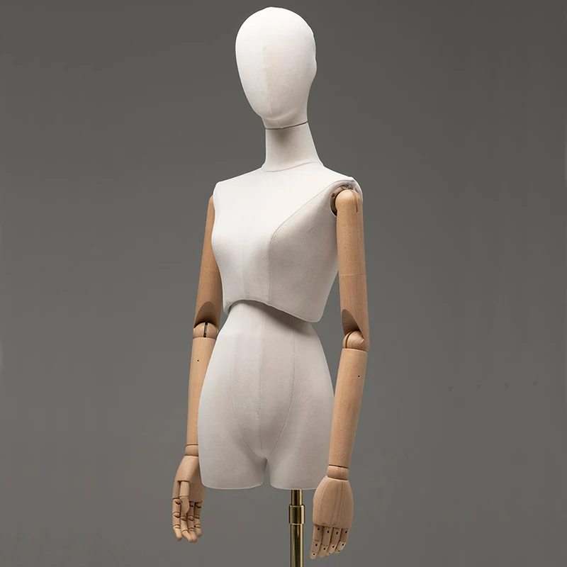 Wood Arm Fabric Cover Female Head Half Mannequin Body Metal Base for Wedding Display Twist Split Waist Women Model