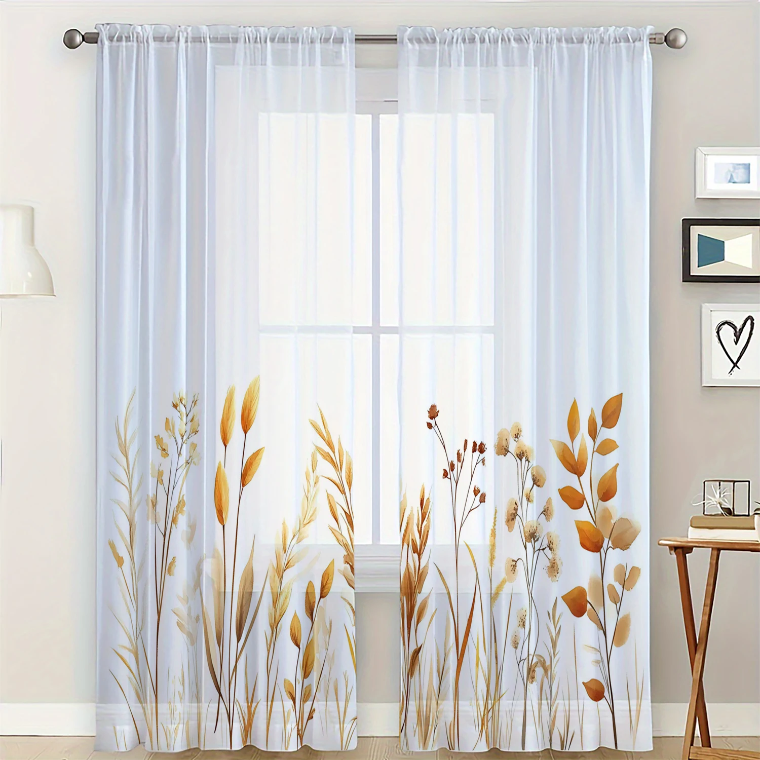 2 Pieces of High-Definition Digital Gold Wheat Ear Leaf Printed Window Screen Home Decoration Style Decoration Living Room Bedro
