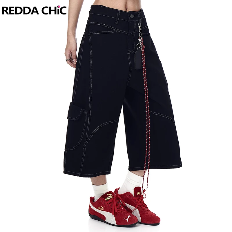 

REDDACHiC Seams Patchwork Women Cargo Short Pants Boyfriend Barrel Multi-pocket High Waist Jeans Jorts Casual Vintage Clothes