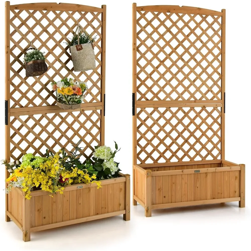 

71" Wooden Garden Bed Flowerpots 2 Pcs Planter Raised Bed with Trellis Decorative Flowerpots for Plant Pot Planters Garden Bed