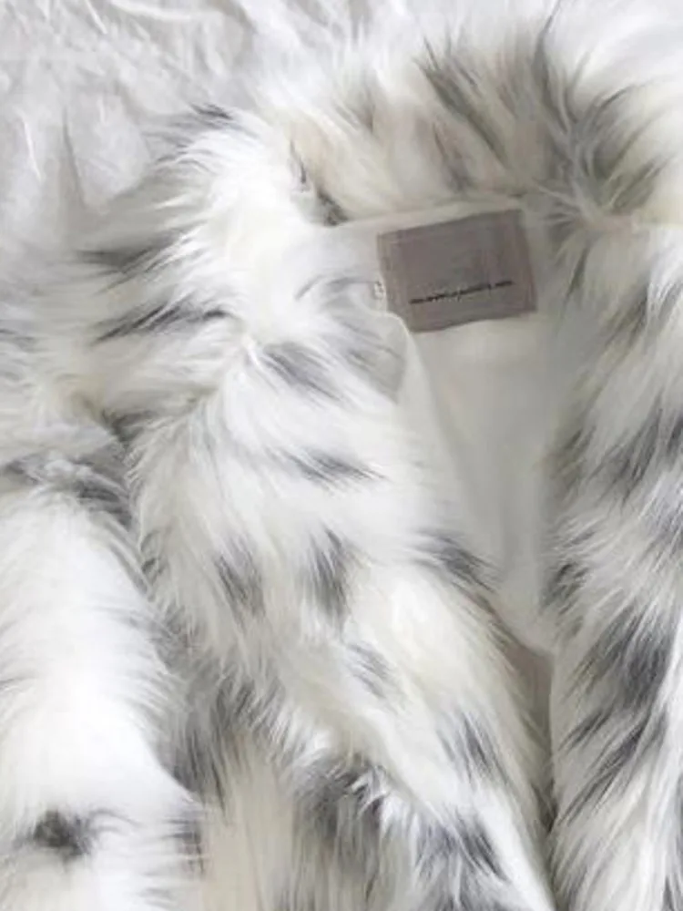 ZMEENNA Stylish Women's White Faux Fur Long Coat With Black Spot Print Warm Winter Outerwear Trendy Oversized Jacket ZM3514