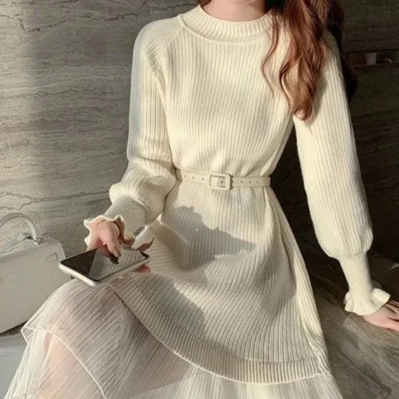 Crochet Dresses for Women Chic and Elegant Pretty Korean Style Woman Knitted Dress A Line Thic Long Sleeve Luxury Trendy Elastic