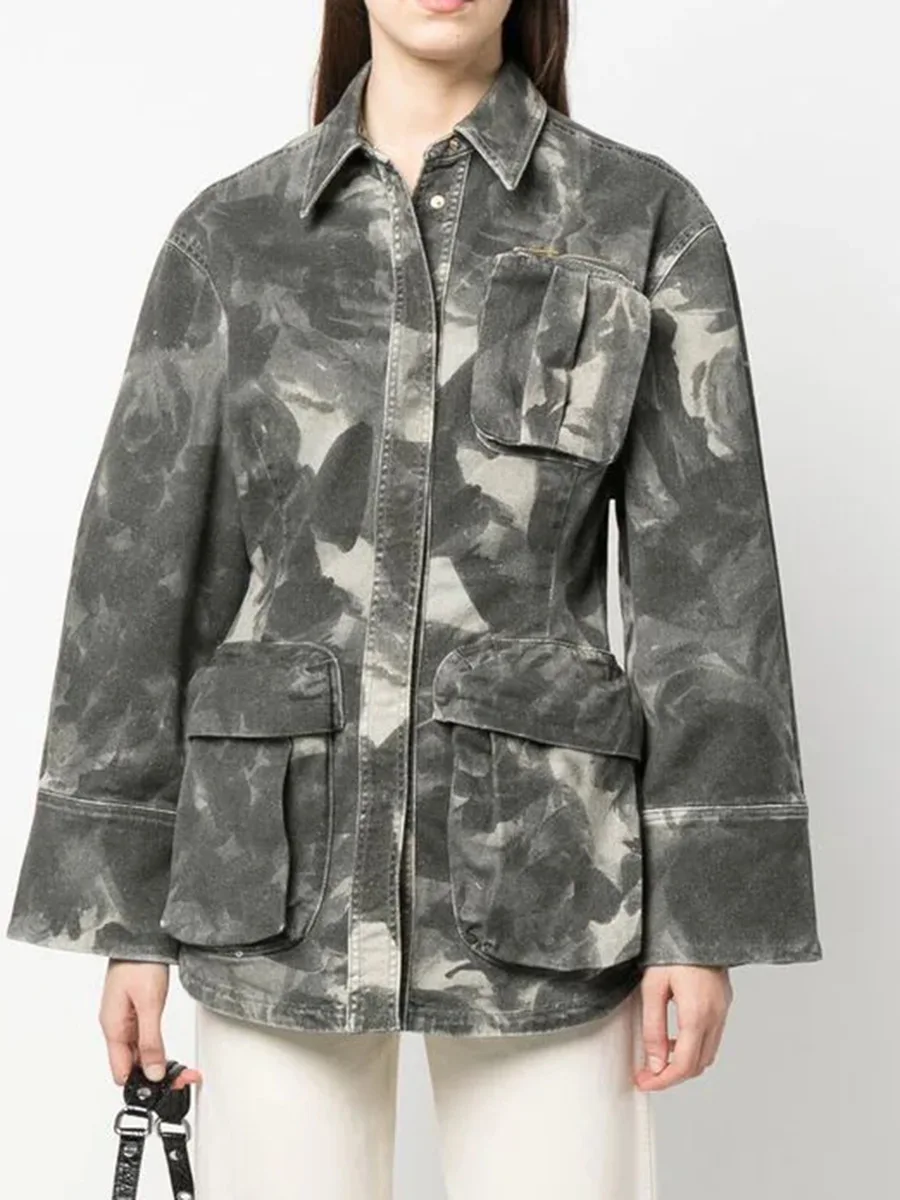 Ladies Jacket 2023 New Spring Autumn Coat Three-Dimensional Zipper Big Pocket Camouflage Tooling Coat Women Large Size Jackets