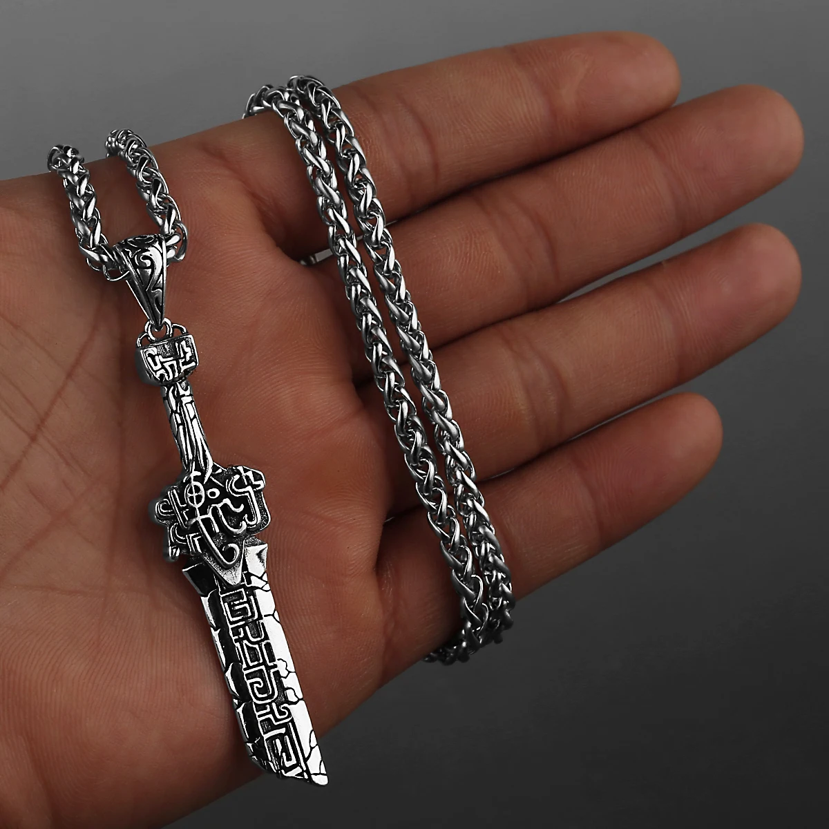 Stainless Steel Simplicity Fashion Broken Sword Pendant Necklace Men\'s Gothic Punk Scandinavian Rune Amulet Necklace Jewelry