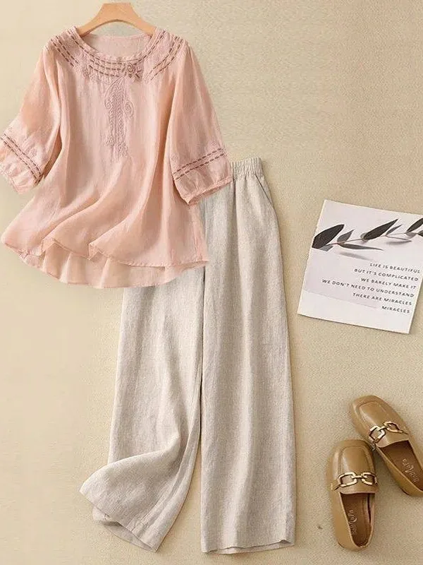 High-End Cotton Linen Set Women's Summer Fashionable Embroidered Shirt Wide Leg Pants Two-Piece Set Breathable Lightweight
